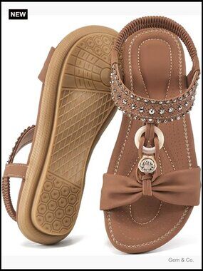 Boho Beaded Elastic Ankle Strap Flat Sandals - Comfortable Slip On Walking Shoes